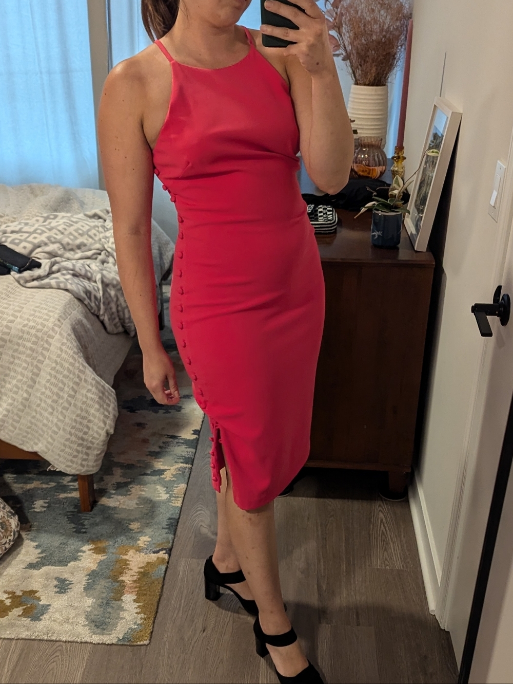 Badgley Mischka Watermelon Pink Midi Cocktail Dress w Side Button Detail Size 8